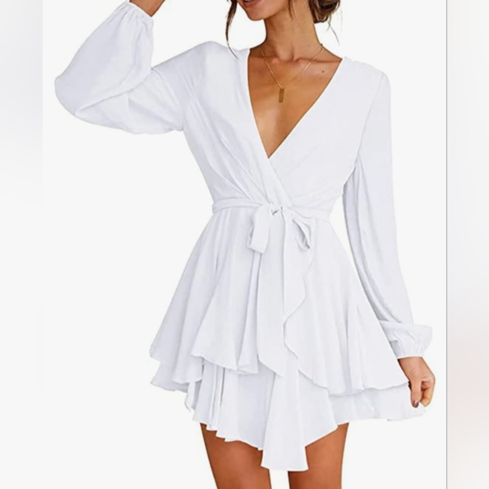 White Ruffled Wrap Mini Dress with Bishop Sleeves Size XL NWOT - Picture 6 of 7